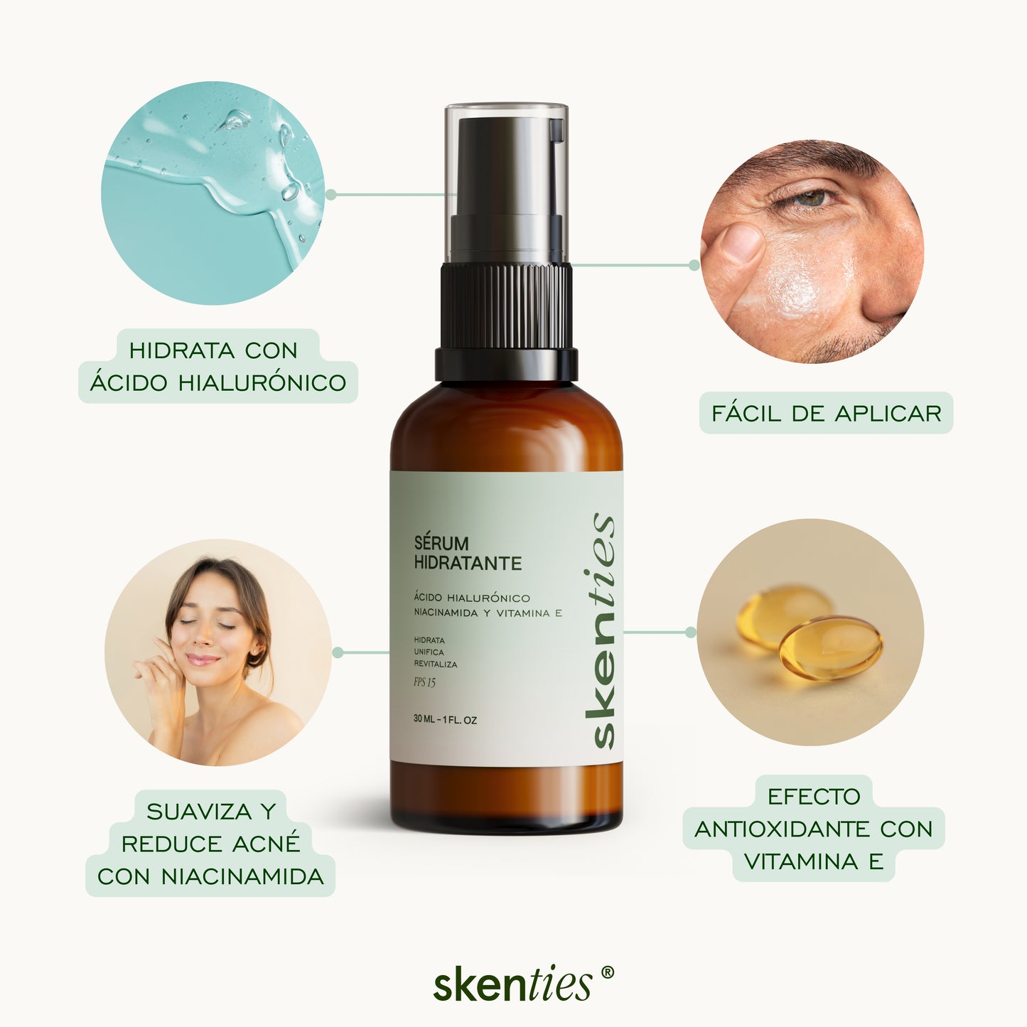 Sérum Hidratante con Ácido Hialurónico, Niacinamida y Vitamina E FPS 15 - 30 ml
