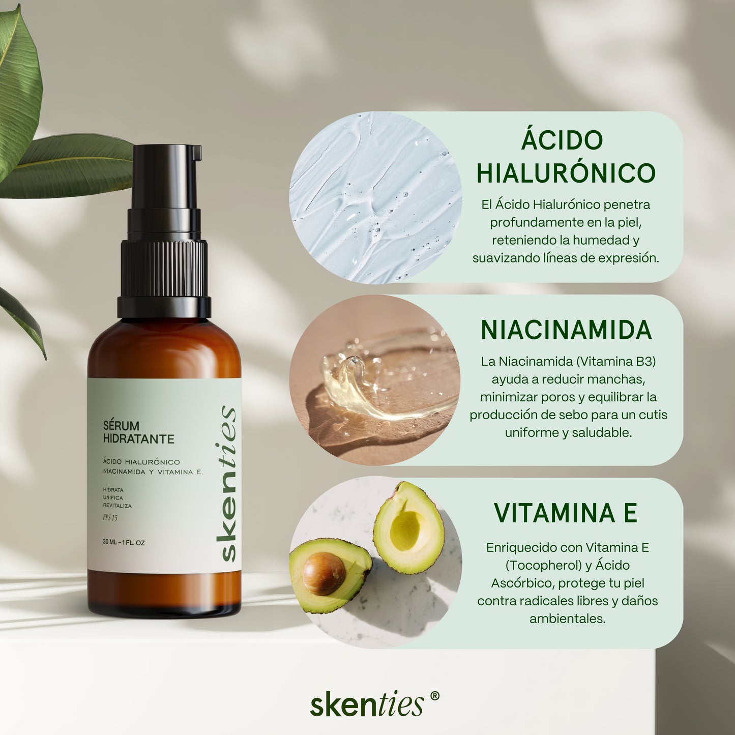 Sérum Hidratante con Ácido Hialurónico, Niacinamida y Vitamina E FPS 15 - 30 ml