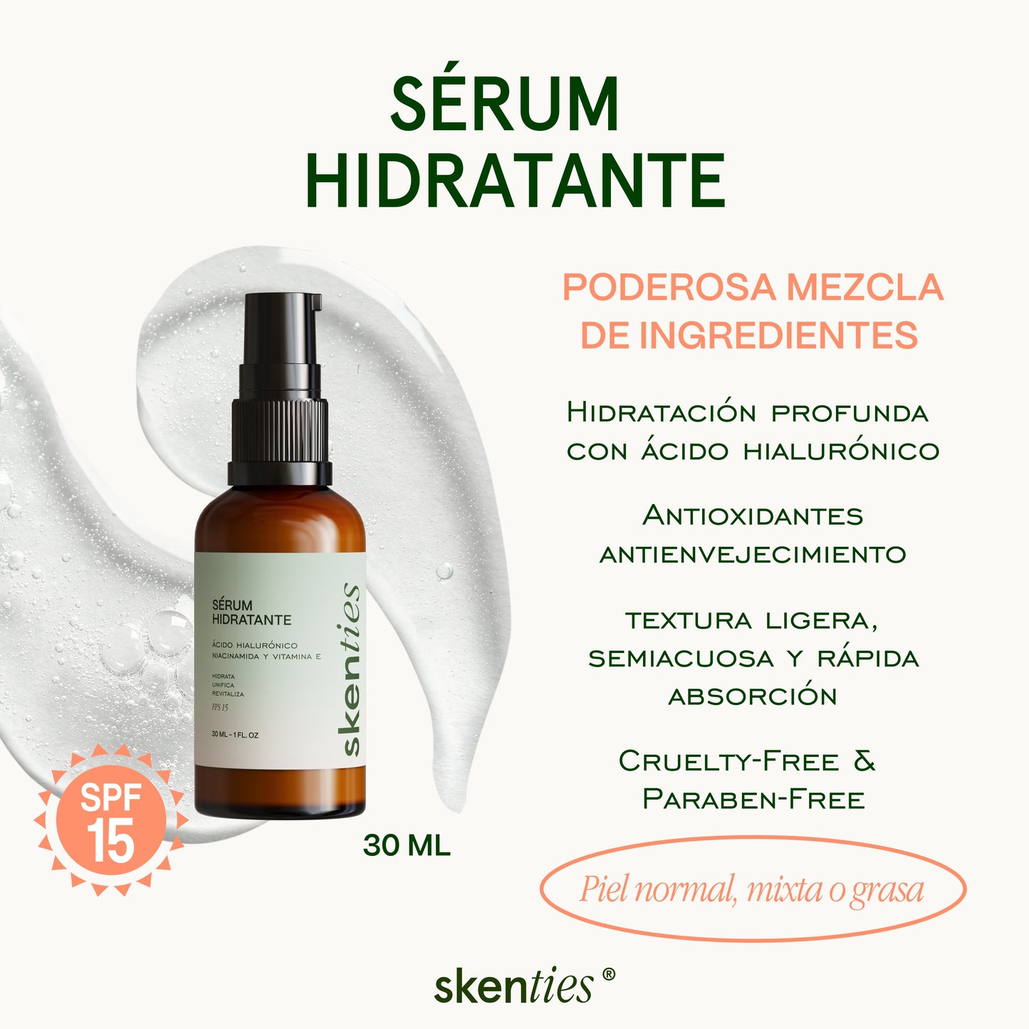 Sérum Hidratante con Ácido Hialurónico, Niacinamida y Vitamina E FPS 15 - 30 ml